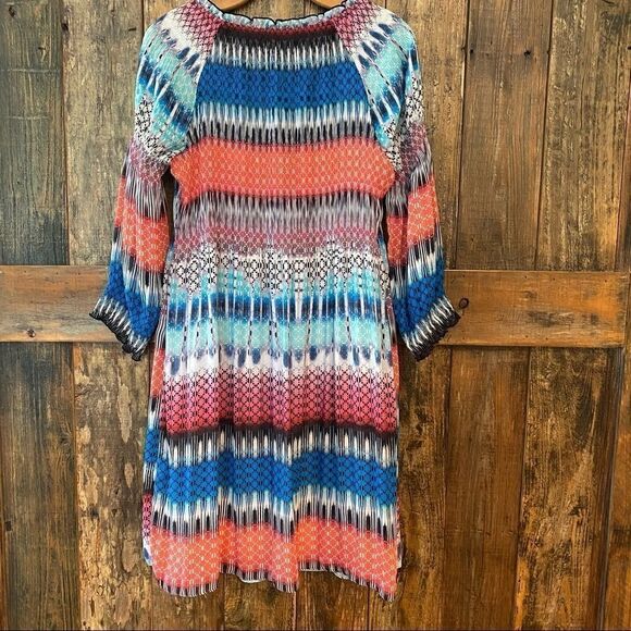 Sharagano M Blue Orange Smocked Stretch Wide Stripe Long Sleeve Dress - Picture 5 of 11